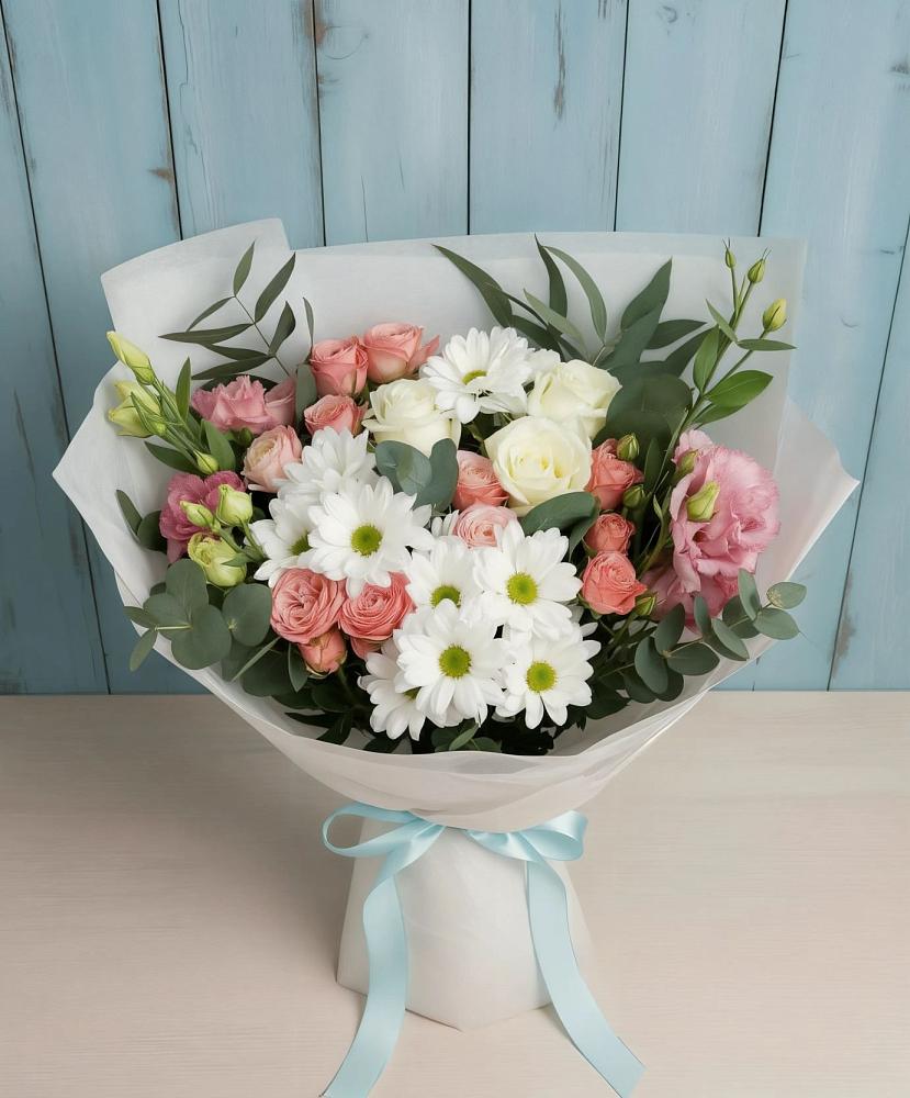 Букет цветов из: Розы, Лизиантусы и Хризантемы в Потьме