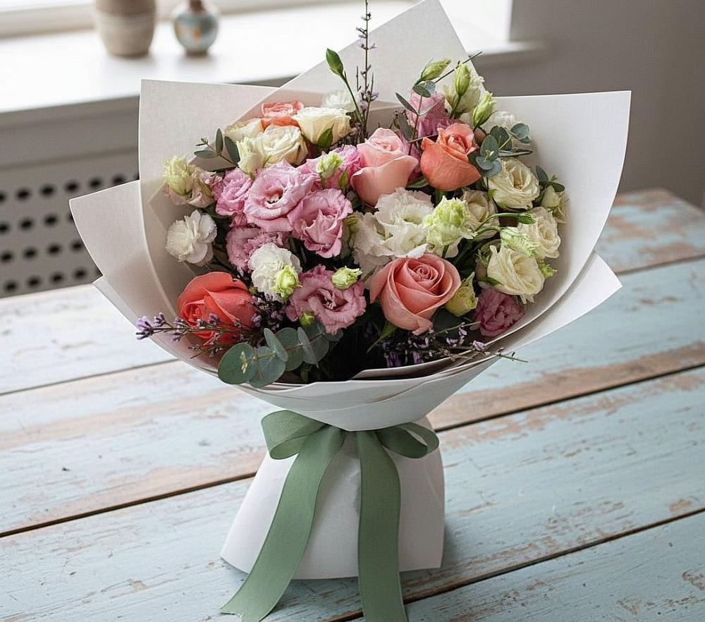 Букет цветов из: Розы, Лизиантусы и Гвоздики в Потьме